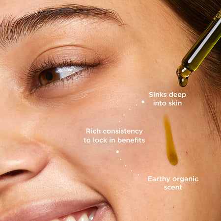 Image shows model applying Super greens to her skin on a pipette. A droplet is added to her skin with the following explaining: sinks deep into skin, rich consistency to lock in benefits and earthy organic scent.